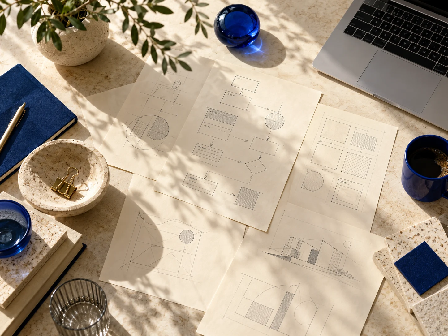 A sunlit table with paper workflow sketches and a laptop