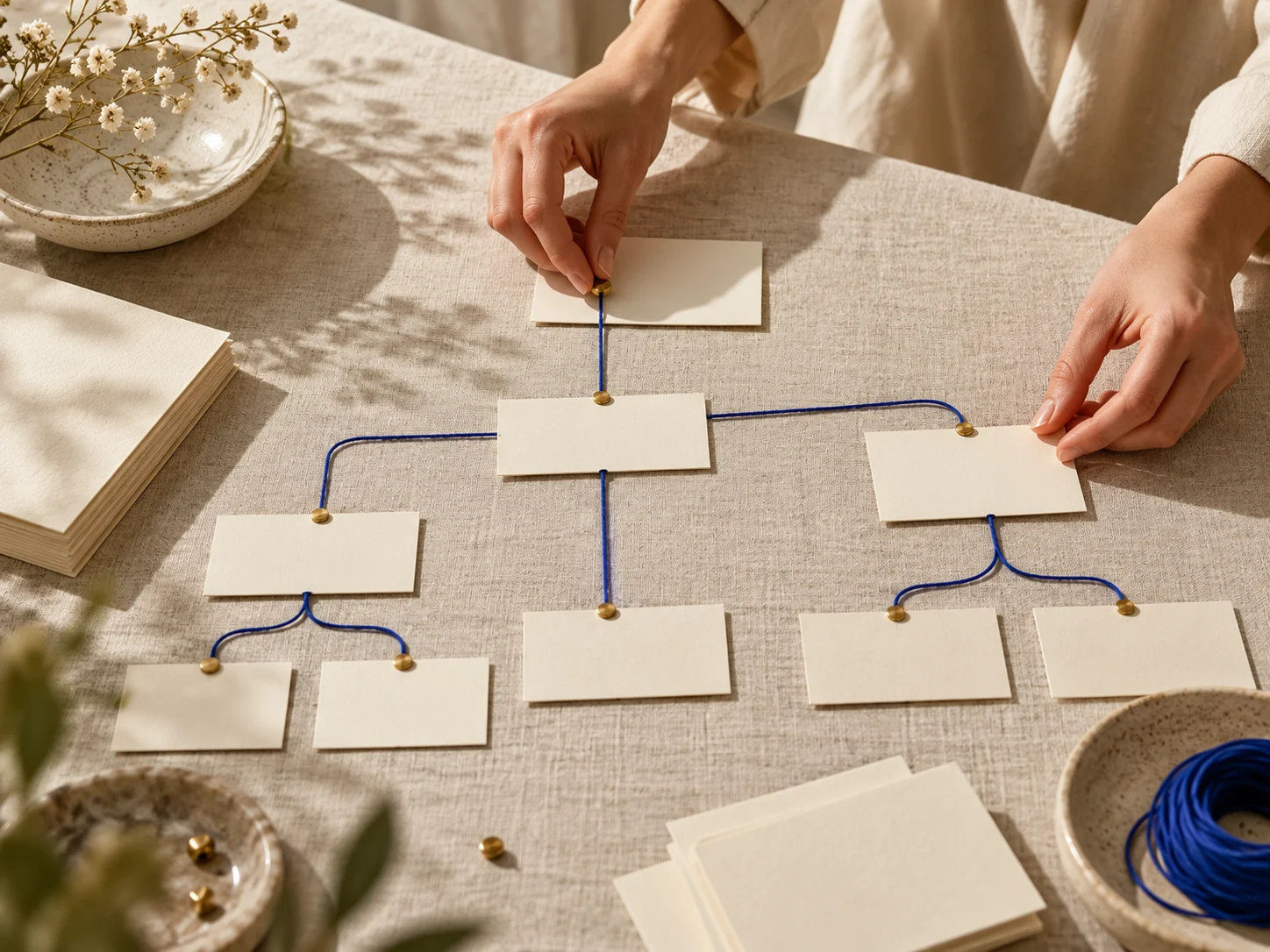 Hands arranging a paper workflow