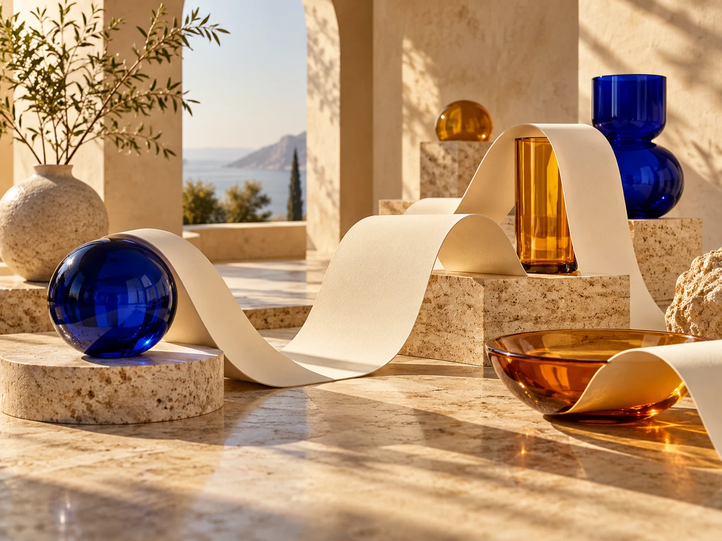Folded paper pathways connecting sculptural glass forms