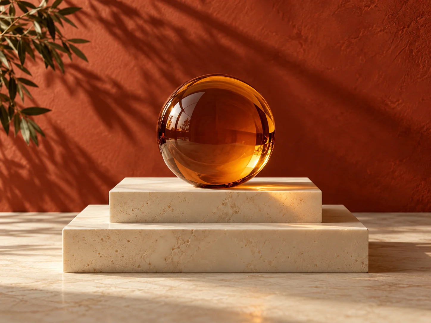 Amber glass sphere balanced on a sculptural pedestal